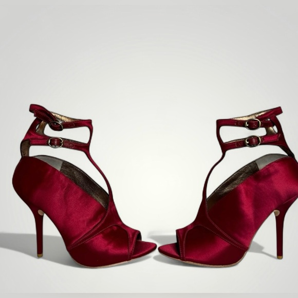 NEW LEON MAX PIKA SATIN & LEATHER WRAP PEEP TOE PUMPS in Bordeaux Size 7 NWOB - Picture 5 of 12